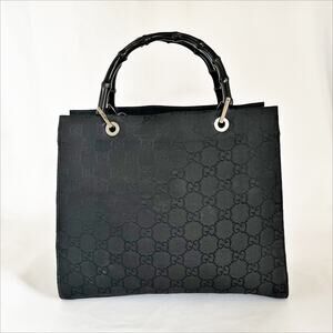 GUCCI Diana Nylon Monogram Bamboo Handle Bag Black Vintage